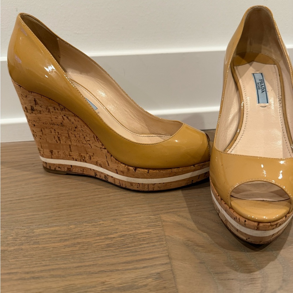 Prada Women's Yellow Patent Wedge Shoes